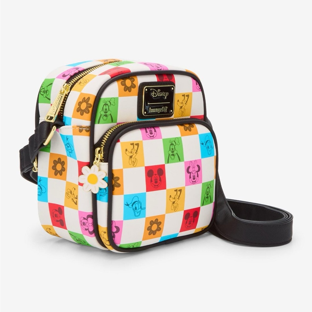 Loungefly Disney Mickey Mouse & Friends Floral Checkered Crossbody Bag NWT - Picture 2 of 9